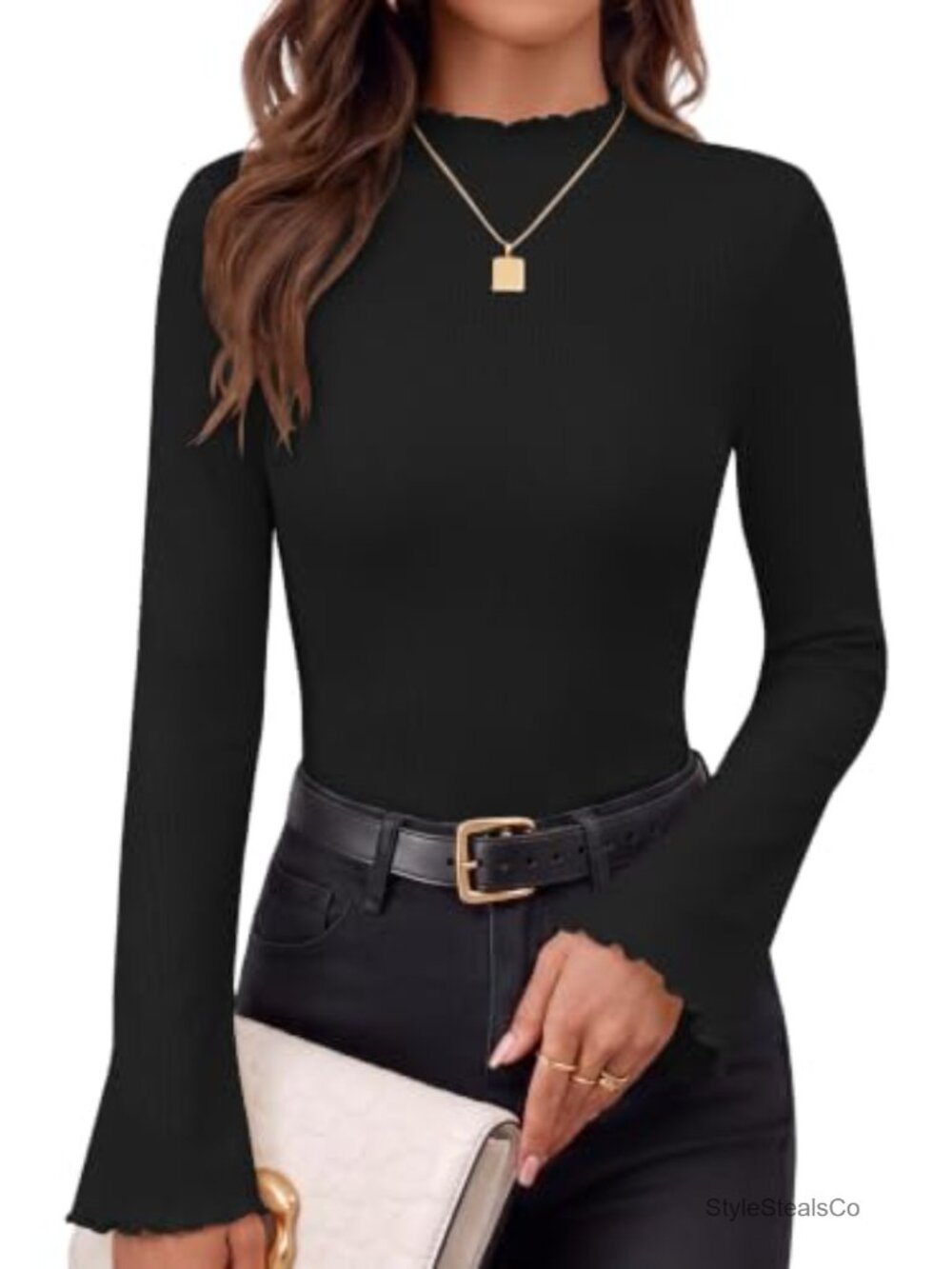 Womens Ribbed Knit Bell Long Sleeve Mock Neck Ruffle Blouse Top